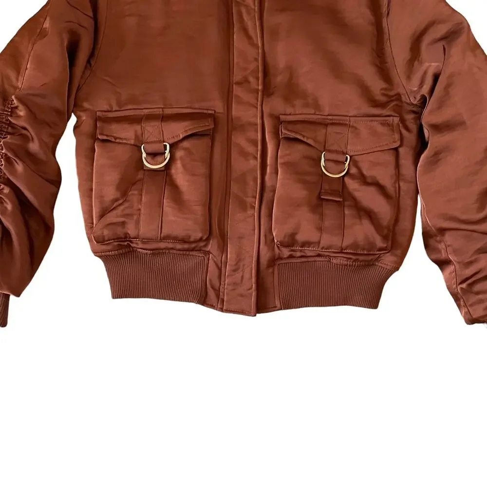 HOUSE OF HARLOW 1960 Women's Satin Zip Up Bomber Jacket Size M Copper Brown NEW - Picture 8 of 16